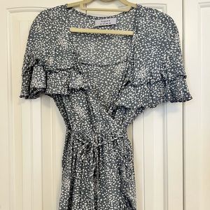 Auguste the Label Edie cascade wrap mini dress is dusty blue